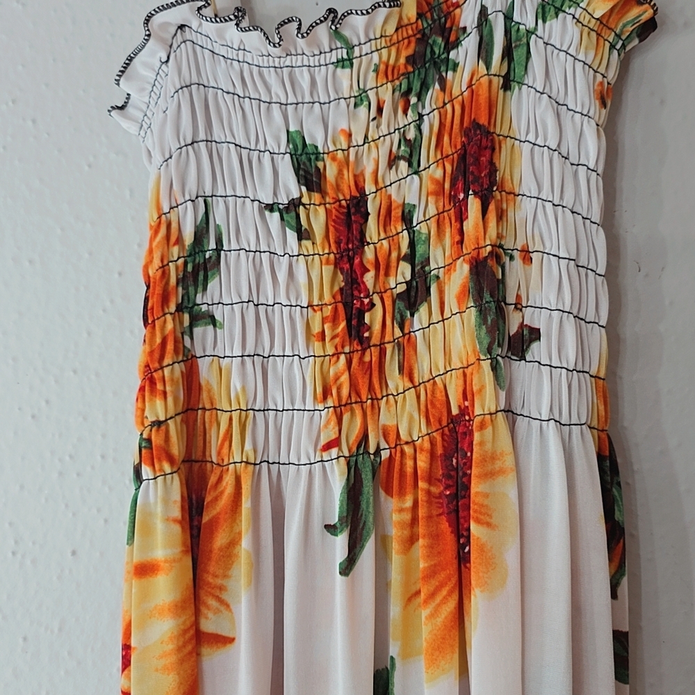 Sunflower Print Smocked Sundress | Summer Floral Midi Dress